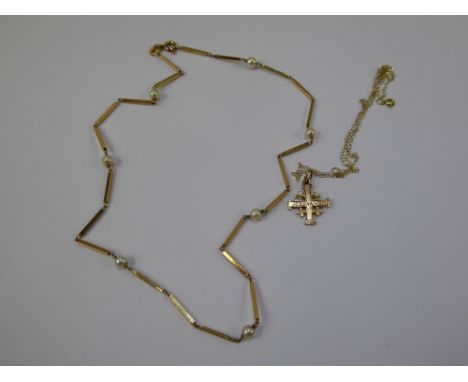 A 14 ct Jerusalem Cross Pendant, with a 9ct gold chain and a 9ct gold and pearl necklace, approx 37 cms, approx 5 gms