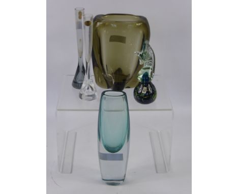 A Whitefriars Vase, together with a sea green pillar vase and two Whitefriars bud vases. (4)