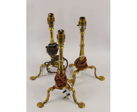 Three Brass Table Lamp Bases, with tripod bases, approx 32 cms, converted.