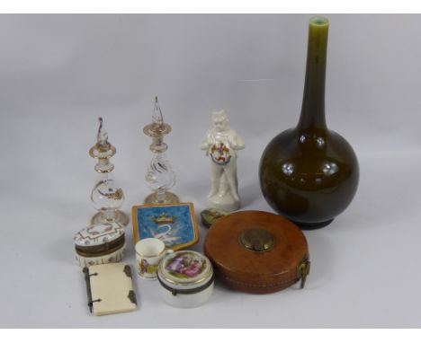 Miscellaneous Items including Ulysses Blois Balon trinket dish depicting a swan pierced by an arrow, two glass scent bottles,