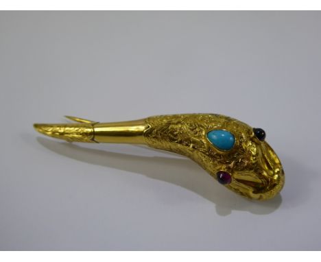 An Antique Lady's 14 ct Yellow Gold, Ruby and Turquoise Brooch, the brooch in the form of a Salamander, having a fine floral 