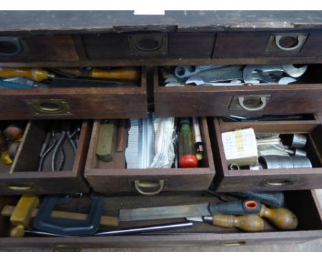 An Antique Tool Chest having Ten Draws, containing miscellaneous Tools & Measuring Equipment