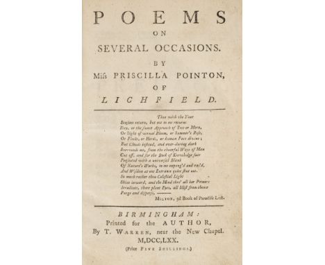 Pointon (Priscilla). Poems on Several Occasions, 1st edition, Birmingham: for the author by T. Warren, 1770, bound with : 'A 