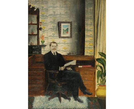Portrait Study. A gentleman seated by a desk, circa 1920, oil on canvas, depicting a mustachioed gentleman in a dark suit hol