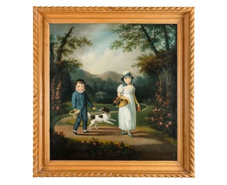 Clowes (Daniel, 1774-1829). Regency portrait of two children and a dog in a garden, circa 1810, oil on canvas, depicting a yo