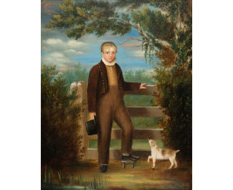 Naive School. Regency portrait of a young boy beside a stile with a dog, circa 1820, oil on canvas, showing a fair-haired boy
