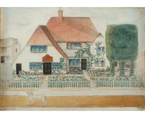 Domestic Architecture. Gabled house with dog, 1844, watercolour with pen &amp; ink, laid down on later card, depicting the fr