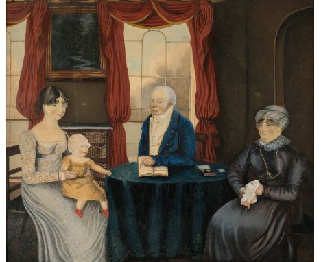 Naive School. A Regency family group seated at a table, circa 1820s, watercolour, interior scene with a young lady in a high-