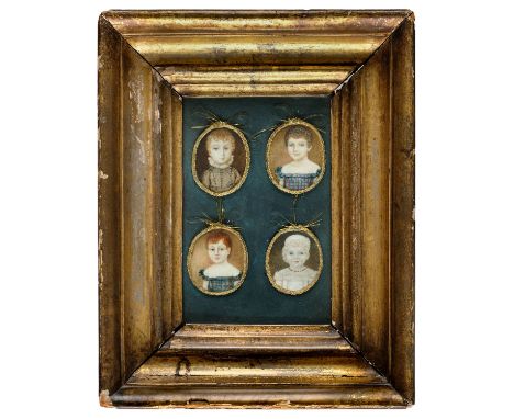 Portrait Miniatures. A framed set of four oval miniature paintings of children, 1821, watercolour on ivory, oval head and sho