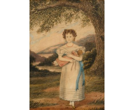 English School. Portrait of a girl with a doll, circa 1820, watercolour on paper, full-length portrait of a young girl with d