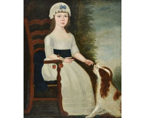 Naive School. Portrait of a seated girl with spaniel, possibly American, late 18th century, oil on canvas, depicting a young 