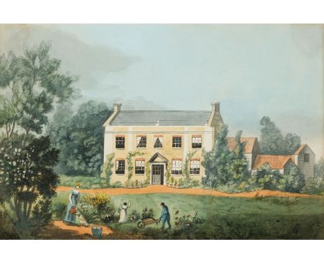 Domestic Architecture. A Georgian house with figures in the garden, circa 1810, naive watercolour, showing a large country ho