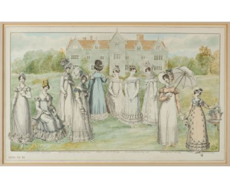 Fashion. A pair of watercolours of country houses incorporating cut-out engraved female figures from fashion plates, late 19t