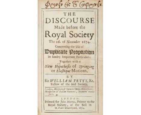 Petty (Sir William). The Discourse Made Before The Royal Society, the 26th. of November 1674. Concerning the Use of Duplicate