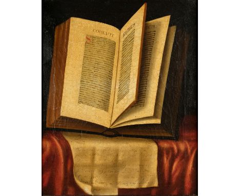 Still Life. An open book on a table, mid 19th century, oil on canvas, depicting a large antiquarian tome entitled 'Comenti Ep