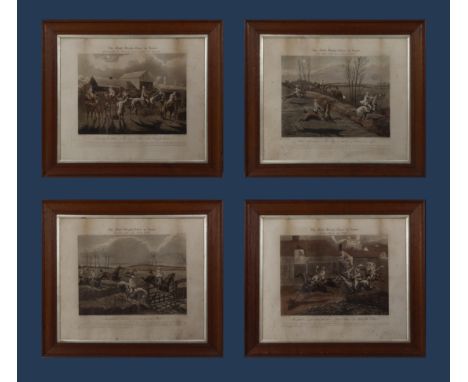 Four oak framed coloured aquatint prints 'The First Steeple Chase on Record' drawn by H Alkin and engraved by J Harris, first