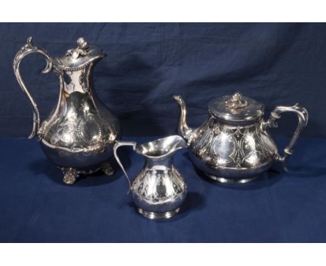A silver plated teapot and cream jug with a silver plated water jug