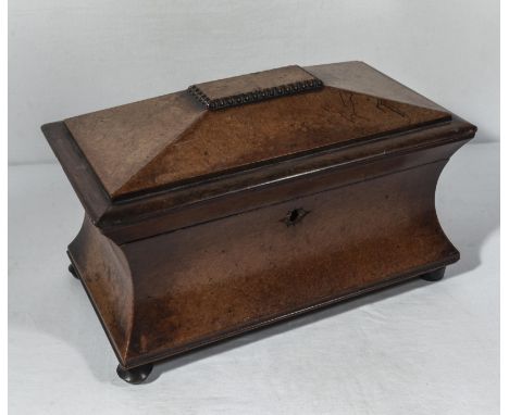A late Georgian birdseye maple sarcophagus shaped tea caddy, 36cm x 20 cm x 20cm