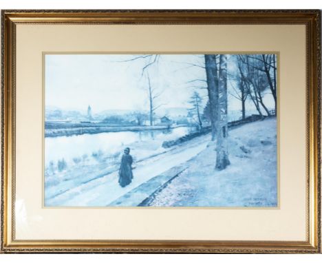 A framed print by James Paterson depicting a lady walking on a country lane, image size 43cm x 64cm