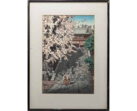 A framed Japanese woodblock print "Tsurugaoka Hachiman Shrine, Kamakura" by Kasamatsu Shiro, published by K Watanabe.  Image 