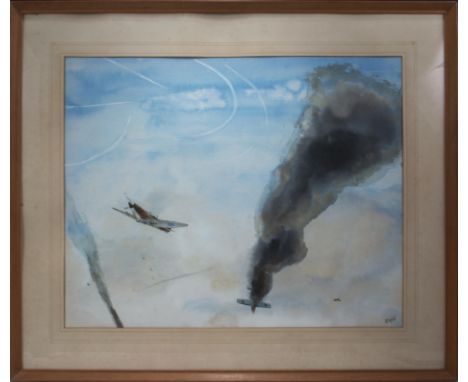 A framed watercolour depicting a Spitfire shooting down a German plane, signed R M N