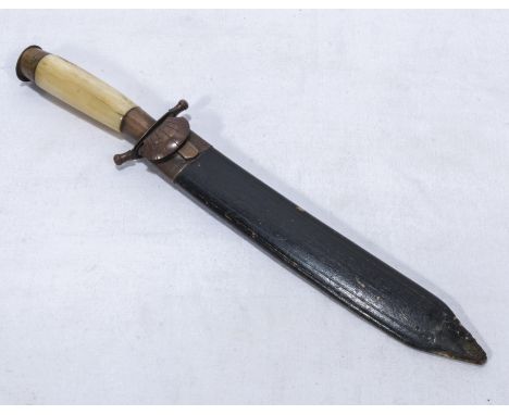 A horn handled hunting knife dated 1925, with wood and copper scabbard, possibly Bowie knife