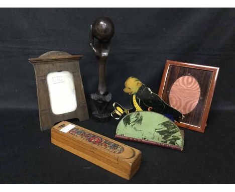 CARVED WOOD EXTENDING BOOK SLIDEalong with a collection of wooden items including a Mauchline money bank, vintage pencil case