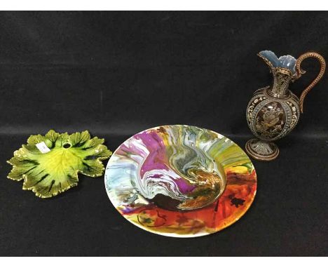 BRETBY PLATE COMPORTin the shape of a leaf, along with an Oban ceramic charger and a German jug (3)