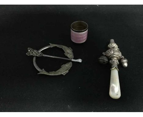 BABY'S SILVER RATTLE maker Adie & Lovekin Ltd, Birmingham 1908; along with a silver penannular brooch with fish and a silver 