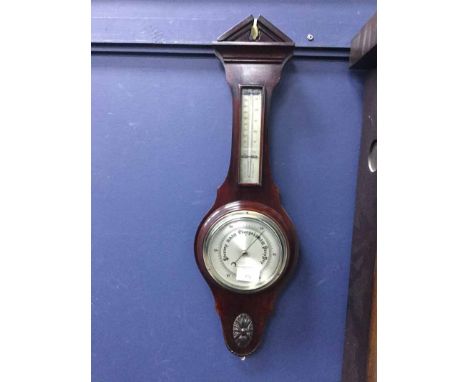 STAINED WOOD WALL BAROMETER/THERMOMETER