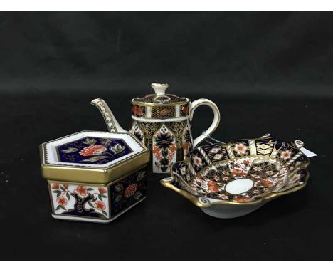 ROYAL CROWN DERBY LIDDED JAR, PIN DISH AND MINIATURE TEAPOT