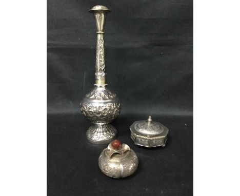 EASTERN WHITE METAL ROSE WATER SHAKERalong with two white metal trinket boxes (3)