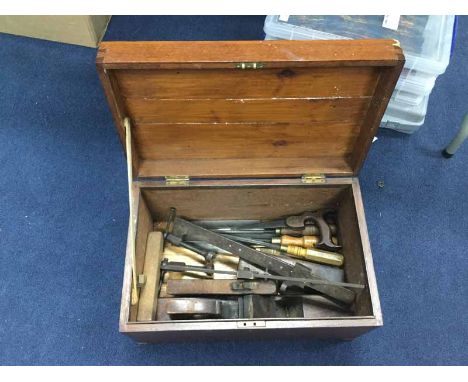 EARLY 20TH CENTURY WOODWORKING TOOLSincluding three assorted wooden planes, wooden encased sharpening block, wooden handled t