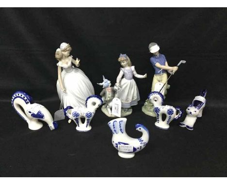 THREE LLADRO FIGURESalong with five USSR blue and white animal figures (8)