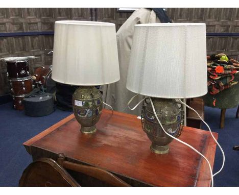 PAIR OF CHINESE BRASS AND ENAMEL INLAID LAMPS