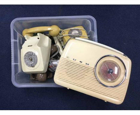 SIX VINTAGE TELEPHONES together with a Bush radio