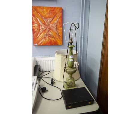 A GREEN ONYX AND GILT METAL MOUNTED EMPIRE STYLE TABLE LAMP AND SHADE AND A SET OF SIX ELECTROPLATE FISH KNIVES AND FORKS IN 