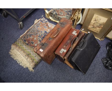 EARLY TWENTIETH CENTURY FIBRE SUITCASE WITH HEAVY HASP FASTENERS; AN ATTACHÉ CASE AND A LEATHER BRIEFCASE, BELGUIM COTTON RUG