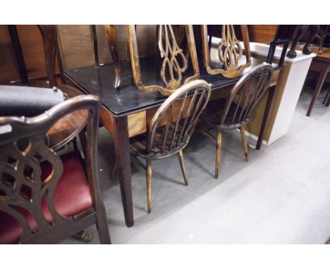 CIRCA 1960's WRITING TABLE WITH TWO FRIEZE DRAWERS, 1960's DROP LEAF DINING TABLE AND A PAIR OF ERCOL STICK BACK CHAIRS 