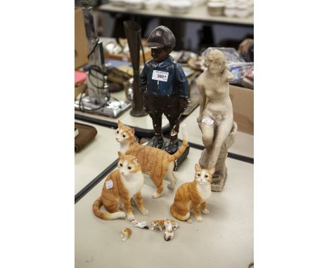 THREE LEONARDO COLLECTION RESIN MODELS OF GINGER BATS, A WHITE ALABASTER NUDE FEMALE FIGURE, 13" HIGH, A COLD PAINTED PLASTER