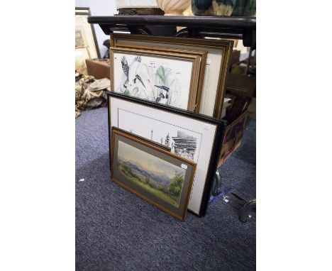 MAUD BRIDGEMAN TWO WATERCOLOUR DRAWINGS 'COAST SCENE' AND 'LANDSCAPE' TERENCE CUNEO  ARTIST SIGNED COLOUR PRINTS AND FIVE OTH