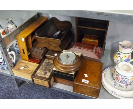 VARIOUS WOODEN BOXES TO INCLUDE; TEA CADDY, WOODEN CUTLERY TRAY, BAROMETER ETC...... 