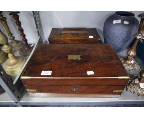 LATE VICTORIAN MAHOGANY AND BRASS BOUND PORTABLE WRITING SLOPE WITH PLUSH LINED SLOPE, 16" WIDE AND A SARCOPHAGUS SHAPED ROSE