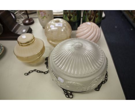 EARLY TWENTIETH CENTURY FLUTED CIRCULAR FROSTED GLASS BOWL LIGHT SHADE WITH FESTOON EMBOSSED BORDER, METAL FRAME AND A CHASED