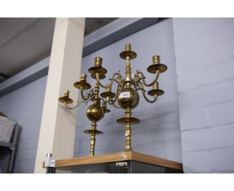 A MATCHED PAIR OF TWENTIETH CENTURY BRASS FOUR BRANCH, FIVE LIGHT CANDELABRA, 18" (40.5CM) HIGH  