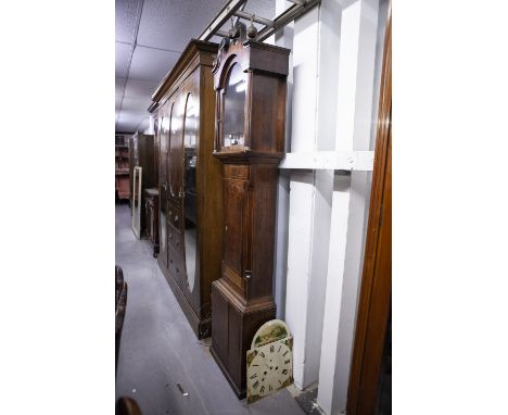 A VICTORIAN OAK LONGCASE CLOCK, THE HOOD WITH BALL AND EAGLE DECORATION AMONGST BREAK SWAN PEDIMENT, PILASTERS EITHER SIDE OF