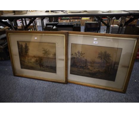 PAIR OF LATE NINETEENTH CENTURY  GERMAN CHROMOLITHOGRAPH'S -  DEER IN WOODED LANDSCAPES, 14" X 19"  IN LIGHT OAK CONTEMPORARY