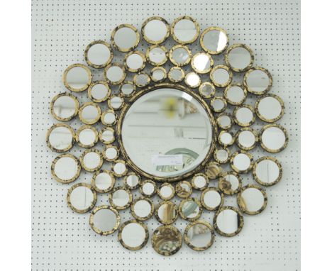 MIRROR, circular bevelled plate with circular mirrored, gilded surround, 83cm diam.