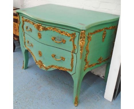 COMMODE, in a distressed effect jade green painted finish, with ormolu mounts, 130cm x 86cm.