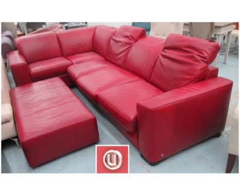 NATUZZI RED LEATHER CORNER SOFA, with sofa bed section and footstool, 185cm x 315cm. (2)